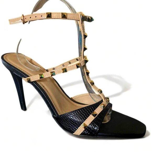 Wild Diva Shoes - WILD DIVA LOUNGE BLK AND BEIGE STUDDED WRAP AROUND HEELS SZ - 10